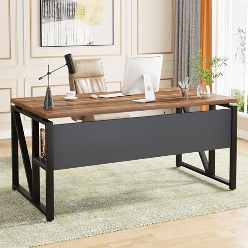 Tribesigns 55 inches Simple Computer Desk Home Office Desk Writing Table for Workstation Dark Walnut   Steel Leg  Cabinet not Included  Walnut  55 inch 