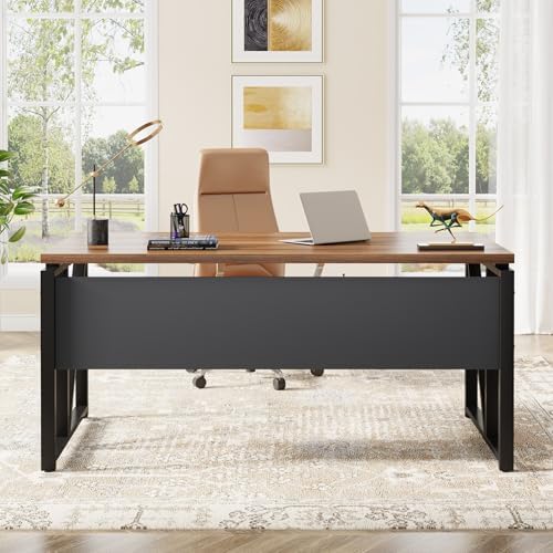 Tribesigns 55 inches Simple Computer Desk Home Office Desk Writing Table for Workstation Dark Walnut   Steel Leg  Cabinet not Included  Walnut  55 inch 
