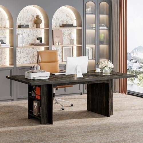 Tribesigns 62 99 Inch Computer Desk  Modern Executive Office Desk  Large Long Writing Table with Storage Shelves for Office  Study Room  Black 