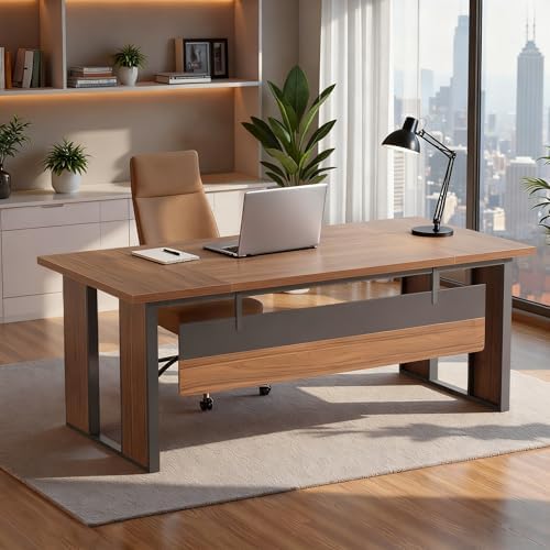 Tribesigns 63 Executive Desk  Modern Office Desk with Privacy Panel & Metal Frame  Large Computer Desk for Home Office  Writing Study Workstation Business Furniture  Brown & Black  Only Table 