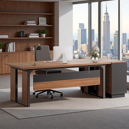 Tribesigns 63 Executive Desk  Modern Office Desk with Privacy Panel & Metal Frame  Large Computer Desk for Home Office  Writing Study Workstation Business Furniture  Brown & Black  Only Table 