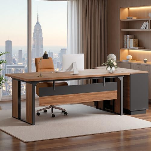 Tribesigns 63 Executive Desk  Modern Office Desk with Privacy Panel & Metal Frame  Large Computer Desk for Home Office  Writing Study Workstation Business Furniture  Brown & Black  Only Table 