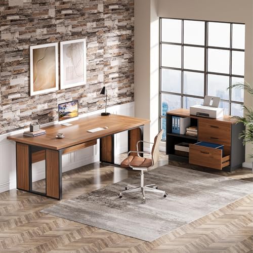 Tribesigns 63 Executive Desk  Modern Office Desk with Privacy Panel & Metal Frame  Large Computer Desk for Home Office  Writing Study Workstation Business Furniture  Brown & Black  Only Table 