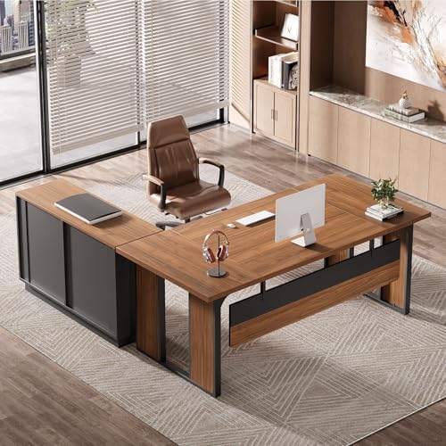 Tribesigns 63 Executive Desk  Modern Office Desk with Privacy Panel & Metal Frame  Large Computer Desk for Home Office  Writing Study Workstation Business Furniture  Brown & Black  Only Table 