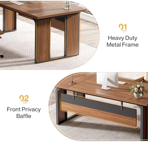 Tribesigns 63 Executive Desk  Modern Office Desk with Privacy Panel & Metal Frame  Large Computer Desk for Home Office  Writing Study Workstation Business Furniture  Brown & Black  Only Table 