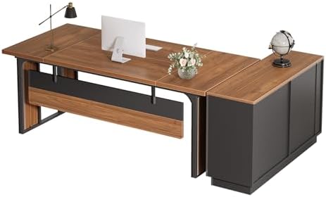 Tribesigns 63 Executive Desk  Modern Office Desk with Privacy Panel & Metal Frame  Large Computer Desk for Home Office  Writing Study Workstation Business Furniture  Brown & Black  Only Table 