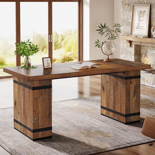 Tribesigns 63 Inch Executive Desk  Farmhouse Home Office Desk with Heavy Duty Base  Large Business Workstation Table for Home Office  Mix Brown