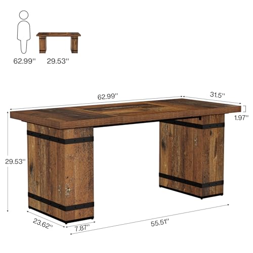 Tribesigns 63 Inch Executive Desk  Farmhouse Home Office Desk with Heavy Duty Base  Large Business Workstation Table for Home Office  Mix Brown