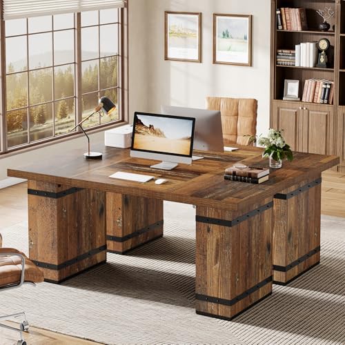 Tribesigns 63 Inch Executive Desk  Farmhouse Home Office Desk with Heavy Duty Base  Large Business Workstation Table for Home Office  Mix Brown
