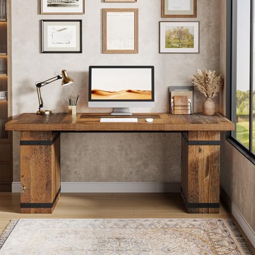 Tribesigns 63 Inch Executive Desk  Farmhouse Home Office Desk with Heavy Duty Base  Large Business Workstation Table for Home Office  Mix Brown