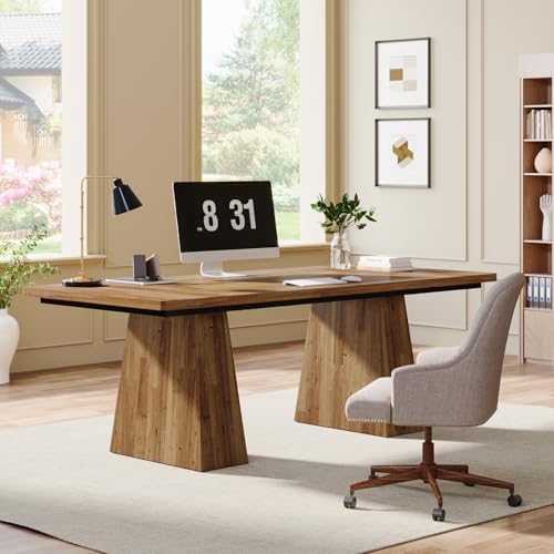 Tribesigns 63 Inch Executive Desk  Large Office Computer Desk with Double Pedestal  Modern Simple Workstations Writing Table Conference Table Business Furniture for Home Office  Light Brown