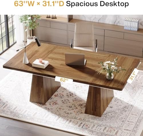 Tribesigns 63 Inch Executive Desk  Large Office Computer Desk with Double Pedestal  Modern Simple Workstations Writing Table Conference Table Business Furniture for Home Office  Light Brown