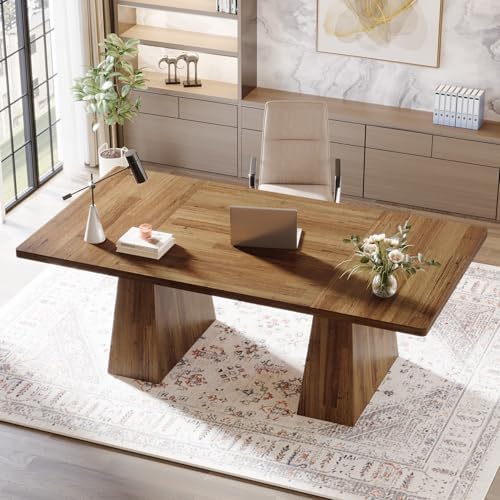 Tribesigns 63 Inch Executive Desk  Large Office Computer Desk with Double Pedestal  Modern Simple Workstations Writing Table Conference Table Business Furniture for Home Office  Light Brown