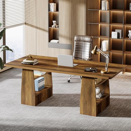 Tribesigns 63 Inch Executive Desk with 4 Storage Shelves  Office Desk with Faux Natural Textured  Large Wooden Computer Writing Table Business Furniture for Home Office  Brown 