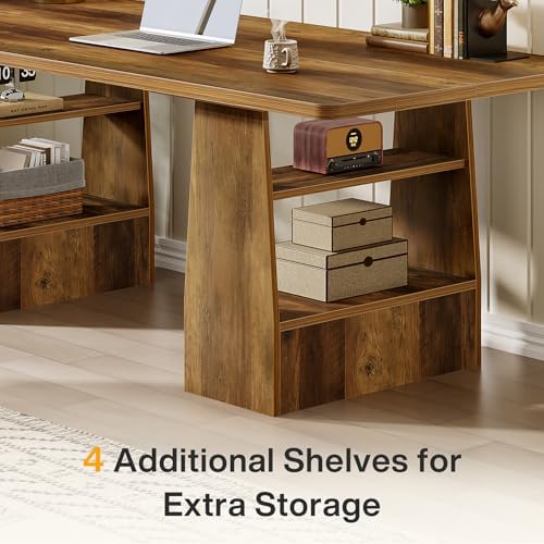 Tribesigns 63 Inch Executive Desk with 4 Storage Shelves  Office Desk with Faux Natural Textured  Large Wooden Computer Writing Table Business Furniture for Home Office  Brown 
