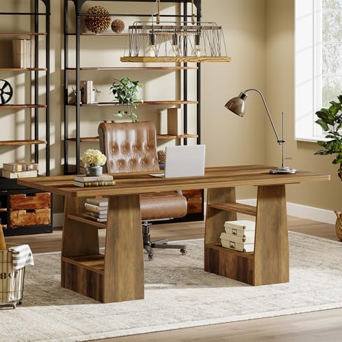 Tribesigns 63 Inch Executive Desk with 4 Storage Shelves  Office Desk with Faux Natural Textured  Large Wooden Computer Writing Table Business Furniture for Home Office  Brown 