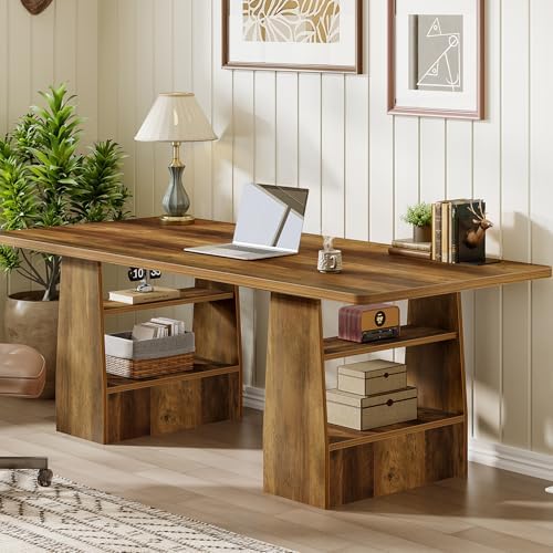 Tribesigns 63 Inch Executive Desk with 4 Storage Shelves  Office Desk with Faux Natural Textured  Large Wooden Computer Writing Table Business Furniture for Home Office  Brown 