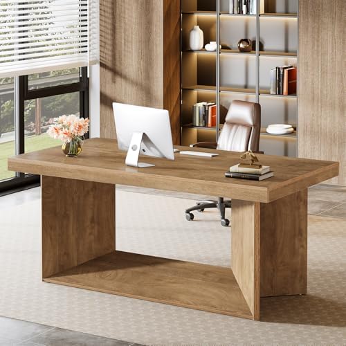 Tribesigns 63 Inch Executive Desk  Large Office Computer Desk with Heavy Duty Pedestal  Farmhouse Simple Workstations Writing Table for Home Office  Rustic Brown