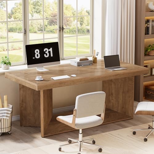 Tribesigns 63 Inch Executive Desk  Large Office Computer Desk with Heavy Duty Pedestal  Farmhouse Simple Workstations Writing Table for Home Office  Rustic Brown