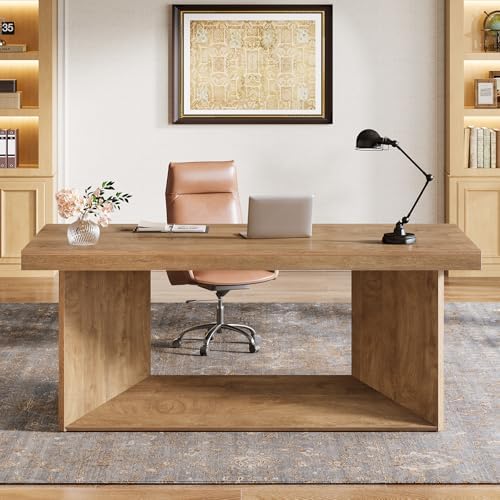 Tribesigns 63 Inch Executive Desk  Large Office Computer Desk with Heavy Duty Pedestal  Farmhouse Simple Workstations Writing Table for Home Office  Rustic Brown