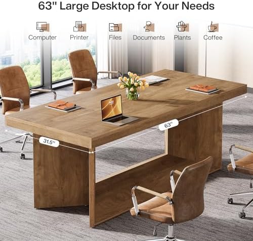 Tribesigns 63 Inch Executive Desk  Large Office Computer Desk with Heavy Duty Pedestal  Farmhouse Simple Workstations Writing Table for Home Office  Rustic Brown