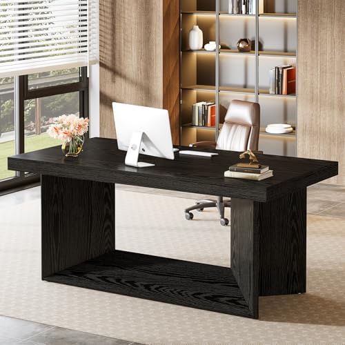 Tribesigns 63 Inch Executive Desk  Large Office Computer Desk with Heavy Duty Pedestal  Farmhouse Simple Workstations Writing Table for Home Office  Rustic Brown