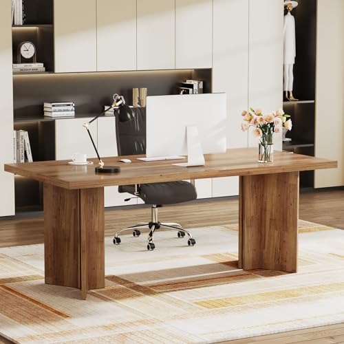 Tribesigns 63 inch Executive Desk  Vintage Home Office Computer Desk with Large Tabletop  Farmhouse Wood Writing Conference Table Workstation for Office  Study  Walnut Brown