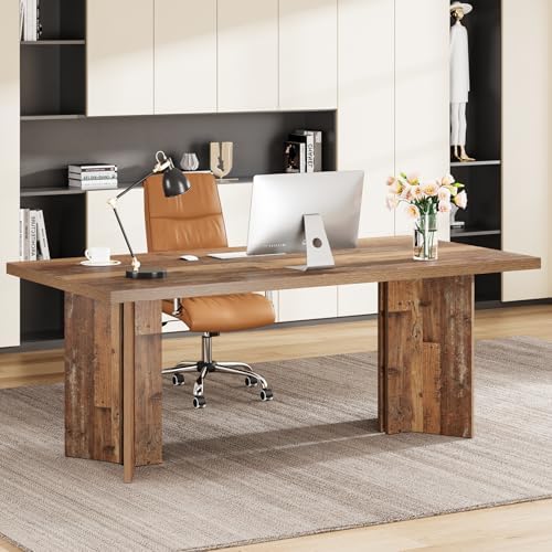 Tribesigns 63 inch Executive Desk  Vintage Home Office Computer Desk with Large Tabletop  Farmhouse Wood Writing Conference Table Workstation for Office  Study  Walnut Brown