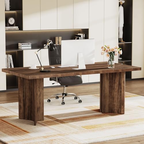 Tribesigns 63 inch Executive Desk  Vintage Home Office Computer Desk with Large Tabletop  Farmhouse Wood Writing Conference Table Workstation for Office  Study  Walnut Brown