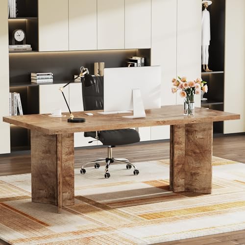 Tribesigns 63 inch Executive Desk  Vintage Home Office Computer Desk with Large Tabletop  Farmhouse Wood Writing Conference Table Workstation for Office  Study  Walnut Brown