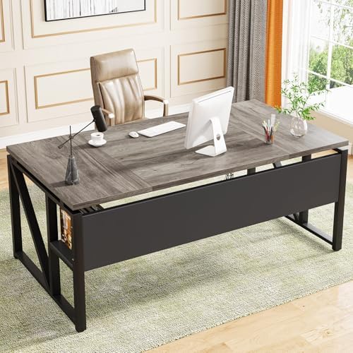 Tribesigns 63 inches Computer Desk with Bottom Storage Shelf Home Office Desk Writing Table for Workstation Dark Walnut   Steel Leg  Cabinet not Included  Grey  63 inch with Shelf 