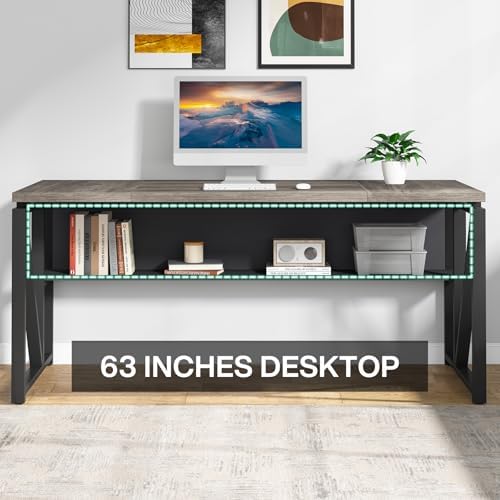 Tribesigns 63 inches Computer Desk with Bottom Storage Shelf Home Office Desk Writing Table for Workstation Dark Walnut   Steel Leg  Cabinet not Included  Grey  63 inch with Shelf 