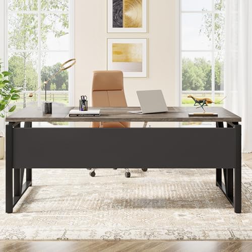 Tribesigns 63 inches Computer Desk with Bottom Storage Shelf Home Office Desk Writing Table for Workstation Dark Walnut   Steel Leg  Cabinet not Included  Grey  63 inch with Shelf 