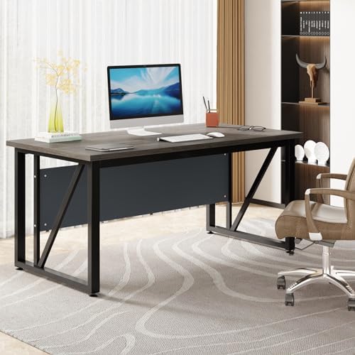Tribesigns 63 inches Computer Desk with Bottom Storage Shelf Home Office Desk Writing Table for Workstation Dark Walnut   Steel Leg  Cabinet not Included  Grey  63 inch with Shelf 
