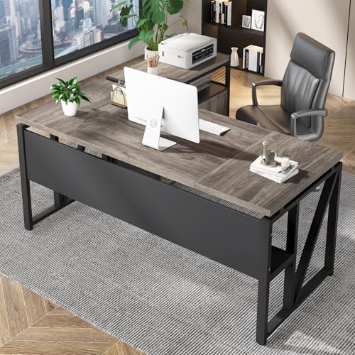 Tribesigns 63 inches Computer Desk with Bottom Storage Shelf Home Office Desk Writing Table for Workstation Dark Walnut   Steel Leg  Cabinet not Included  Grey  63 inch with Shelf 