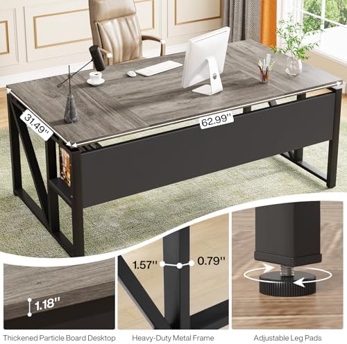 Tribesigns 63 inches Computer Desk with Bottom Storage Shelf Home Office Desk Writing Table for Workstation Dark Walnut   Steel Leg  Cabinet not Included  Grey  63 inch with Shelf 