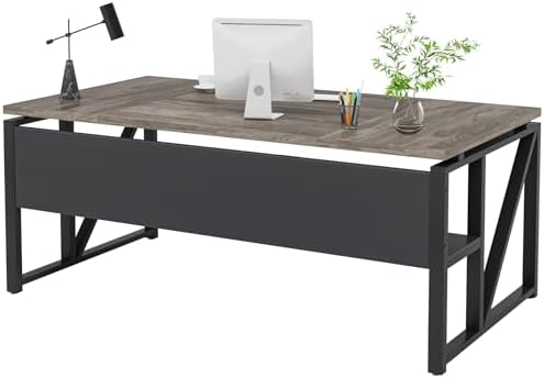 Tribesigns 63 inches Computer Desk with Bottom Storage Shelf Home Office Desk Writing Table for Workstation Dark Walnut   Steel Leg  Cabinet not Included  Grey  63 inch with Shelf 