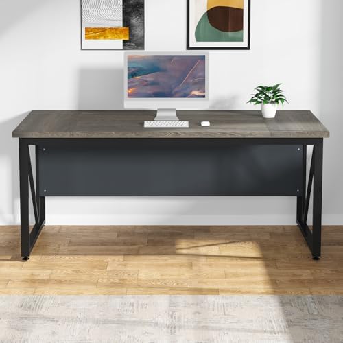 Tribesigns 63 inches Computer Desk with Bottom Storage Shelf Home Office Desk Writing Table for Workstation Dark Walnut   Steel Leg  Cabinet not Included  Grey  63 inch with Shelf 