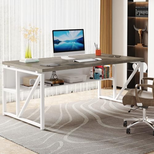 Tribesigns 63 inches Computer Desk with Bottom Storage Shelf Home Office Desk Writing Table for Workstation Dark Walnut   Steel Leg  Cabinet not Included  Grey  63 inch with Shelf 