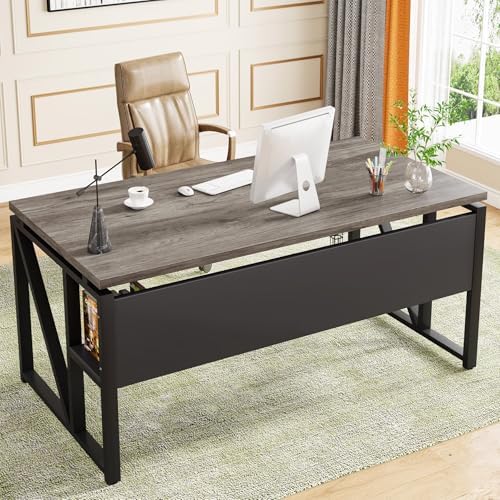 Tribesigns 63 inches Computer Desk with Bottom Storage Shelf Home Office Desk Writing Table for Workstation Dark Walnut   Steel Leg  Cabinet not Included  Grey  63 inch with Shelf 