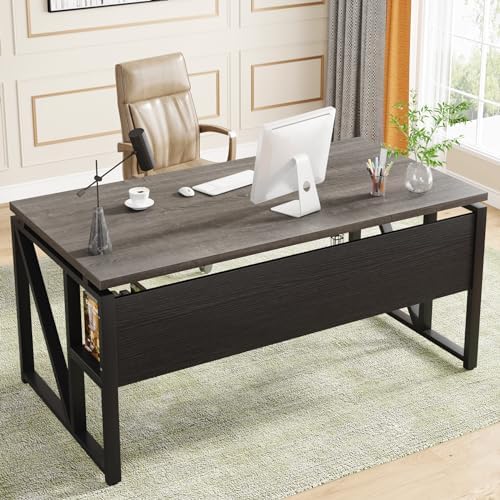 Tribesigns 63 inches Computer Desk with Bottom Storage Shelf Home Office Desk Writing Table for Workstation Dark Walnut   Steel Leg  Cabinet not Included  Grey  63 inch with Shelf 