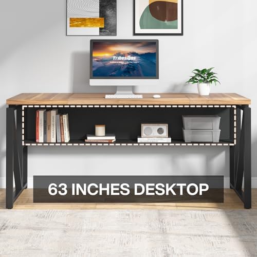 Tribesigns 63 inches Computer Desk with Bottom Storage Shelf Home Office Desk Writing Table for Workstation  Dark Walnut   Steel Leg  Cabinet not Included  Walnul  63 inch with Shelf 