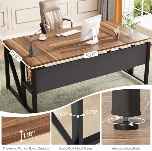 Tribesigns 63 inches Computer Desk with Bottom Storage Shelf Home Office Desk Writing Table for Workstation  Dark Walnut   Steel Leg  Cabinet not Included  Walnul  63 inch with Shelf 