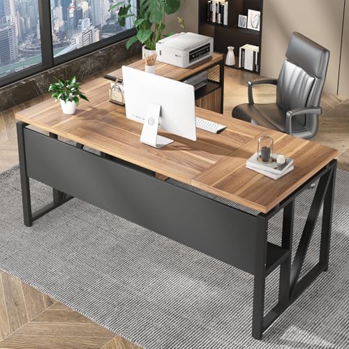 Tribesigns 63 inches Computer Desk with Bottom Storage Shelf Home Office Desk Writing Table for Workstation  Dark Walnut   Steel Leg  Cabinet not Included  Walnul  63 inch with Shelf 