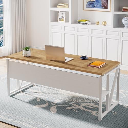 Tribesigns 63 inches Computer Desk with Bottom Storage Shelf Home Office Desk Writing Table for Workstation  Dark Walnut   Steel Leg  Cabinet not Included  Light Oak  63 inch with Shelf 