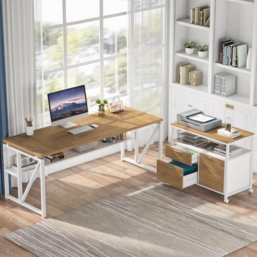 Tribesigns 63 inches Computer Desk with Bottom Storage Shelf Home Office Desk Writing Table for Workstation  Dark Walnut   Steel Leg  Cabinet not Included  Light Oak  63 inch with Shelf 