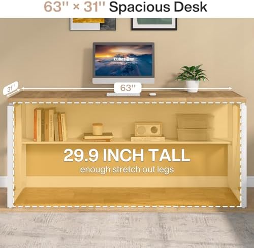 Tribesigns 63 inches Computer Desk with Bottom Storage Shelf Home Office Desk Writing Table for Workstation  Dark Walnut   Steel Leg  Cabinet not Included  Light Oak  63 inch with Shelf 