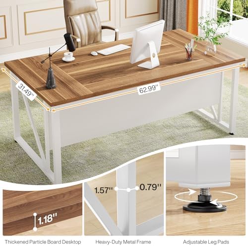 Tribesigns 63 inches Computer Desk with Bottom Storage Shelf Home Office Desk Writing Table for Workstation Dark Walnut   Steel Leg  Cabinet not Included  Beige  63 inch 