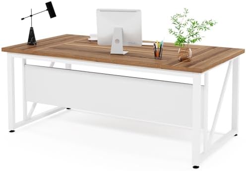 Tribesigns 63 inches Computer Desk with Bottom Storage Shelf Home Office Desk Writing Table for Workstation Dark Walnut   Steel Leg  Cabinet not Included  Beige  63 inch 