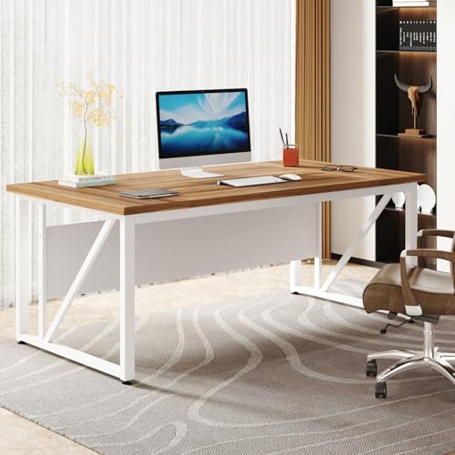 Tribesigns 63 inches Computer Desk with Bottom Storage Shelf Home Office Desk Writing Table for Workstation Dark Walnut   Steel Leg  Cabinet not Included  Beige  63 inch 